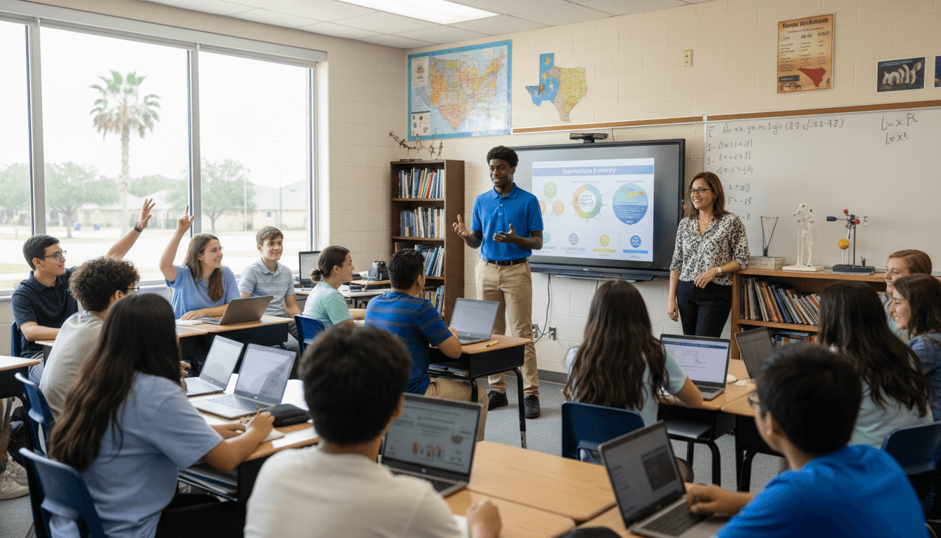 High school student presenting in a bright classroom while a teacher observes
