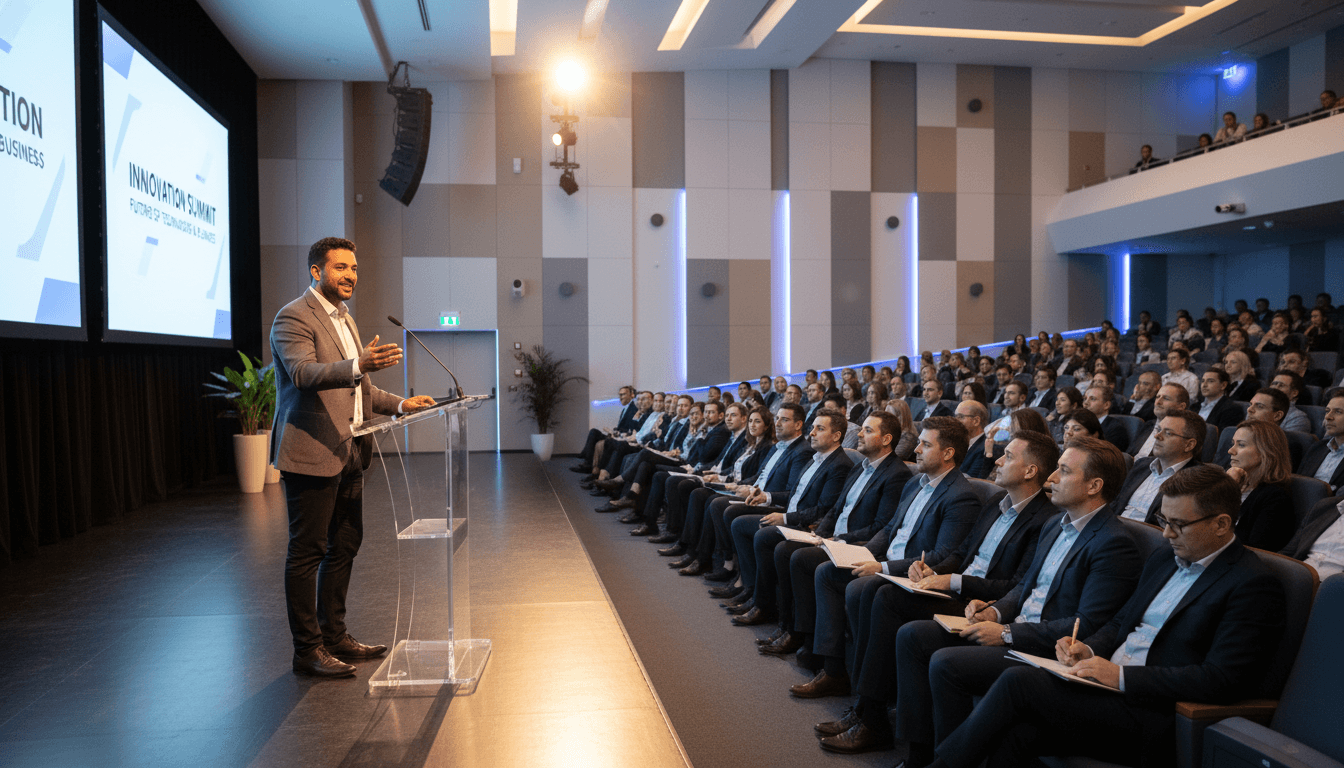 Student delivering a presentation during a public speaking exercise