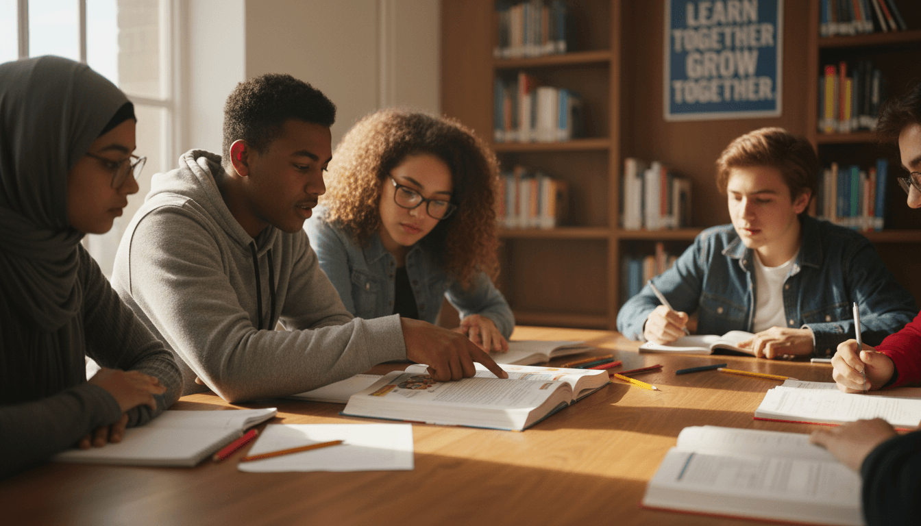 High school students working on coursework with an instructor nearby